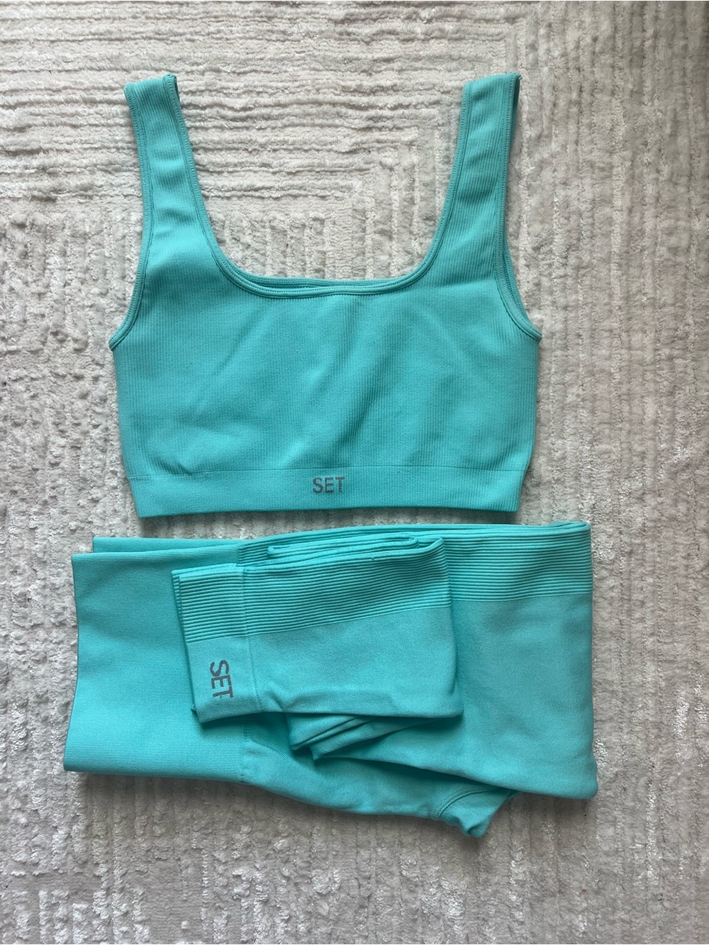 SET Active Sculpt Flex Aqua Ribbed Seamless Sports Bra & Leggings Set Size M/L